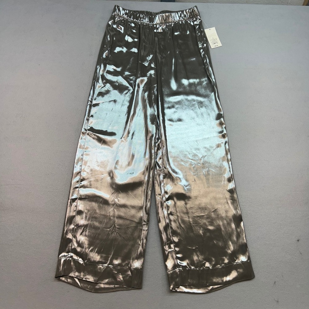 NWT A New Day Metallic Silver Wide Leg Pants High Rise Elastic Waist sz S